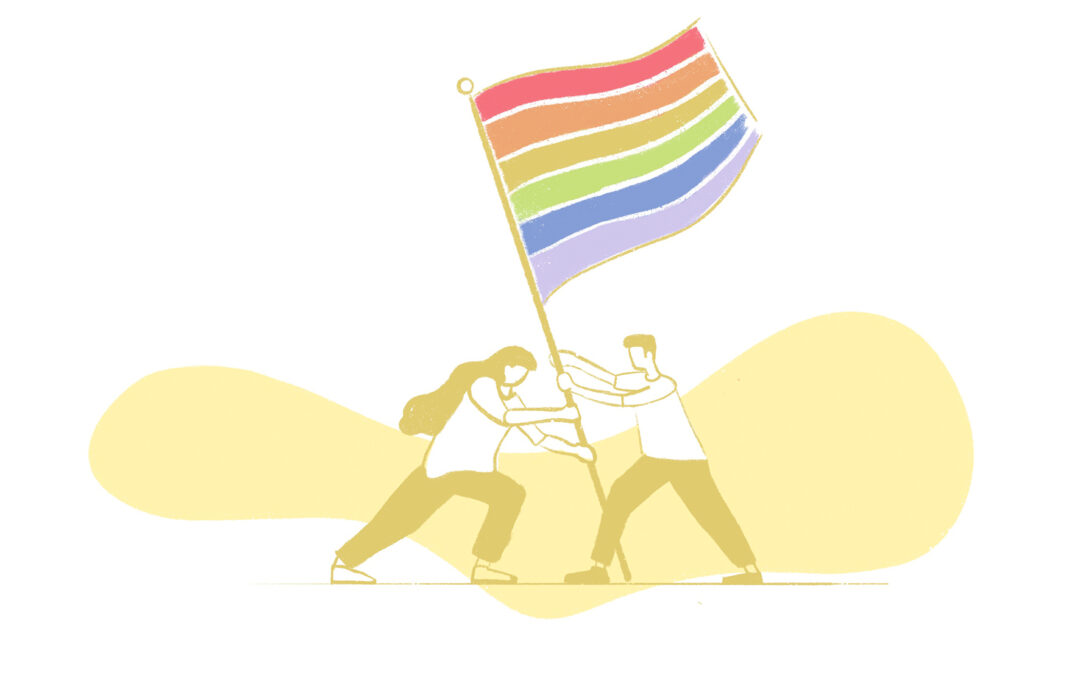 2 Menschen stellen eine Regenbogen-Flagge auf. Die Regenbogen-Flagge bedeutet Freiheit, Liebe und Respekt. Die Menschen halten die Flagge fest.