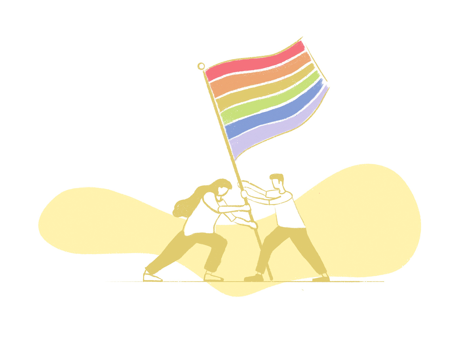 2 Menschen stellen eine Regenbogen-Flagge auf. Die Regenbogen-Flagge bedeutet Freiheit, Liebe und Respekt. Die Menschen halten die Flagge fest.