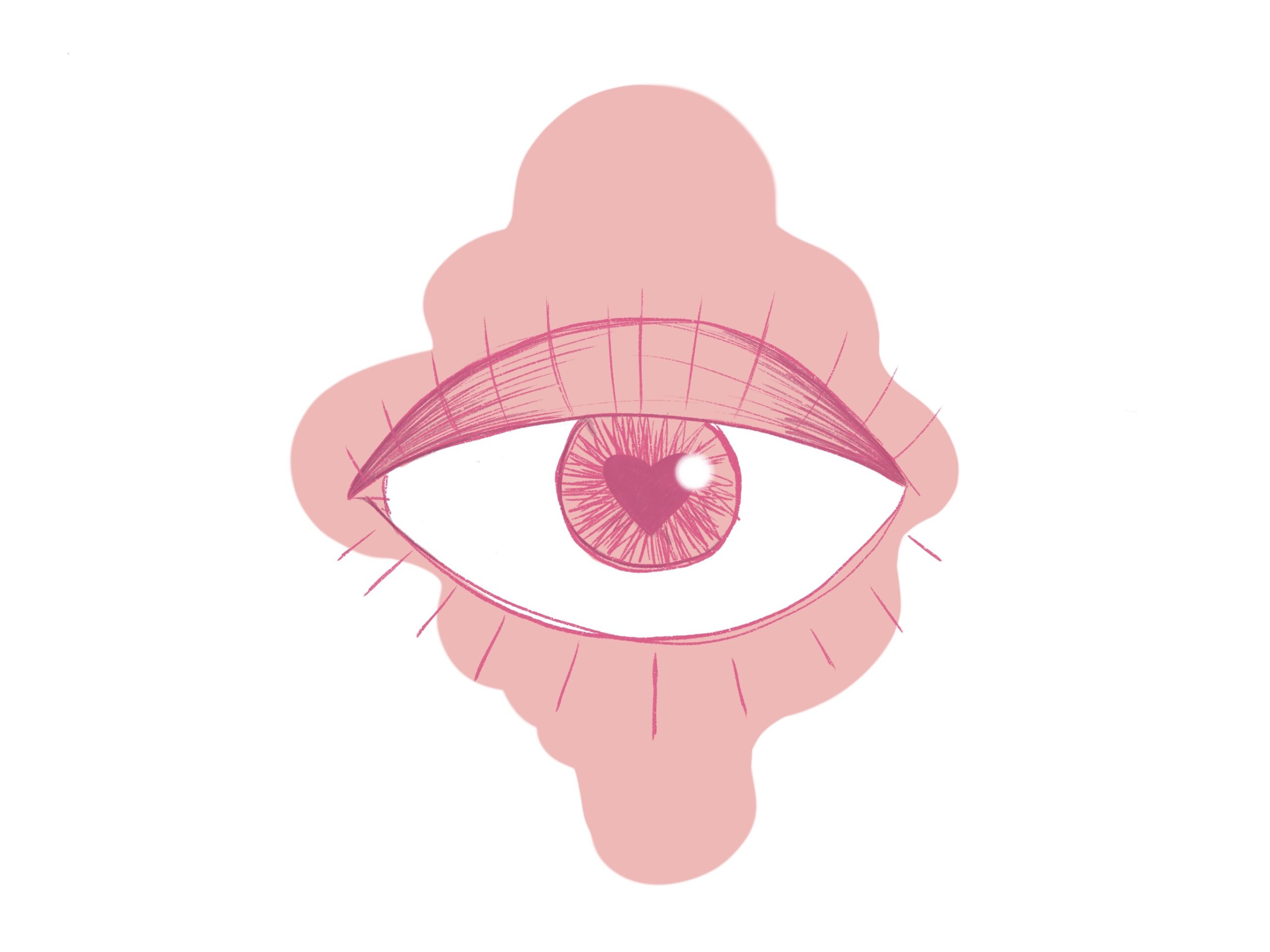 Auf dem Bild ist ein Auge zu sehen. Das Auge schaut direkt nach vorn. Die Pupille hat die Form von einem Herzen.